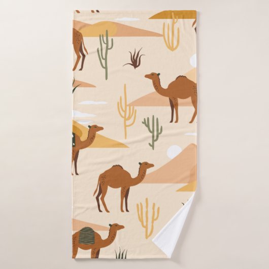 Motif sans couture avec chameaux, dunes et cactus. (Serviette de bain)