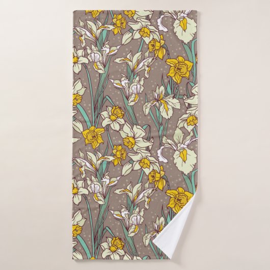 Motif sans couture avec de beaux iris et narcisses (Serviette de bain)