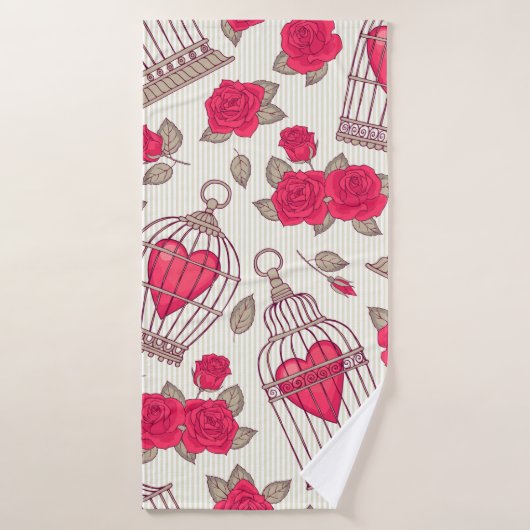 Motif sans couture avec fleurs et cages d'oiseaux. (Serviette de bain)