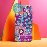 Motif tendance rétro Floral - bloc de nom personna<br><div class="desc">Un design floral et audacieux aux tons violets et aqua colorés avec un bloc de couleur amusant pour ajouter votre nom ou n'importe quel texte. La folle motif aux fleurs a une variété de couleurs. Vous pouvez ajouter un nom, un monogramme ou un autre texte personnalisé. Si vous avez besoin...</div>