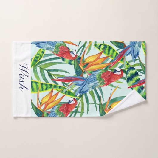 Motif tropical avec perroquets, feuilles et fleurs (Serviette à main)