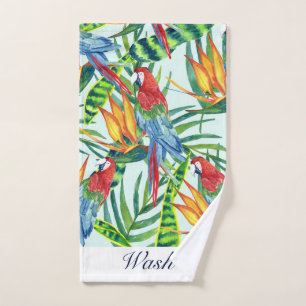 Motif tropical avec perroquets, feuilles et fleurs