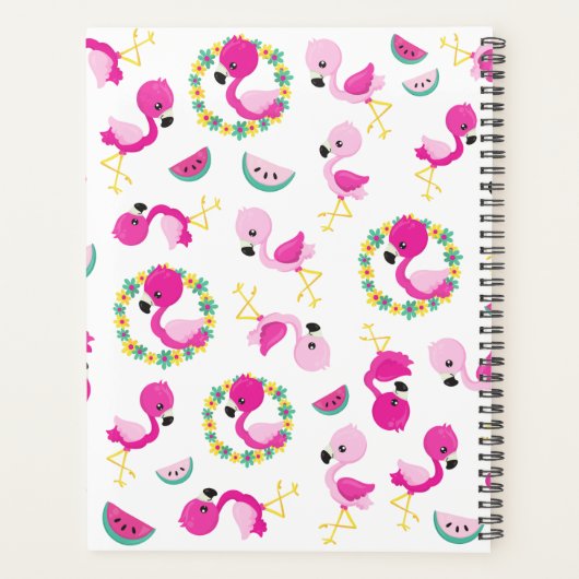 Motif tropical, Flamants roses, Fleurs, Votre Nom (Dos)
