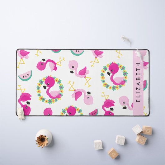 Motif tropical, Flamants roses, Fleurs, Votre Nom (Tableau pour enfants)