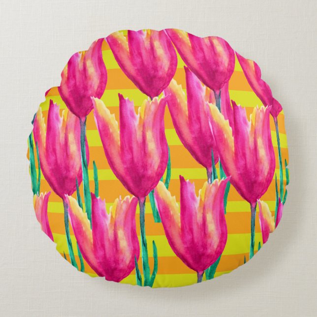 Motif Tulipes Pinik Coussin rond (Devant)