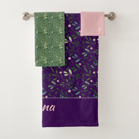Motif vert feuille nom rose violet serviette de ba (En situation)