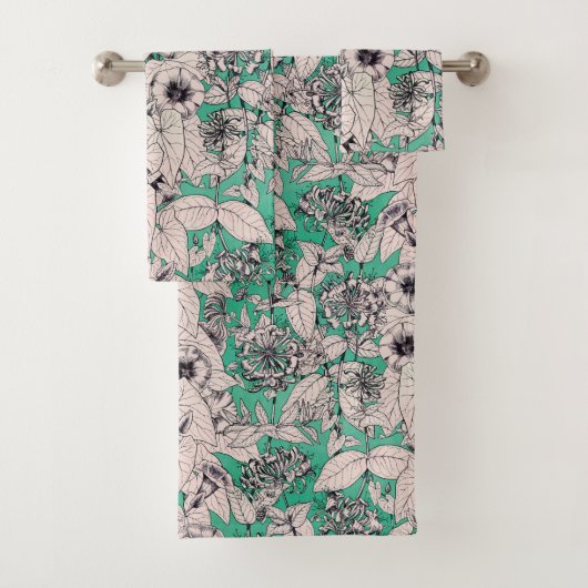 Motif vert Turquoise blanc de fleurs graphiques (En situation)