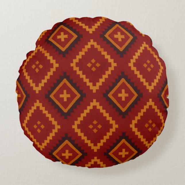 Motifs géométriques rouges et noirs Coussin rond (Devant)