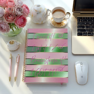 Motivational Luxe Roze en Groene Gestreepte Notitieboek