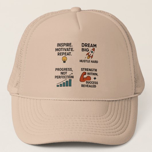 Motivational Quote Cap – Hustle Hard, Dream Big, I Trucker Pet (Voorkant)