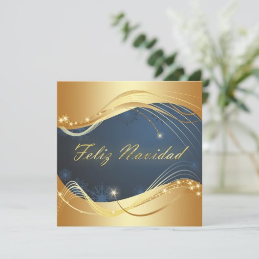 Motivo dorado de Navidad con fondo azul Feestdagenkaart (Staand voorkant)