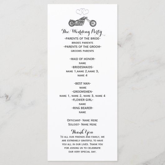 Moto & Coeurs d'argent Programme de mariage de mot (Dos)