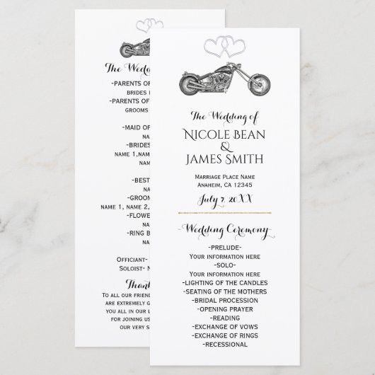 Moto & Coeurs d'argent Programme de mariage de mot (Devant / Derrière)