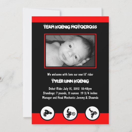 Motocross Dirt Bike Faire-part de naissance (Rouge (Devant)