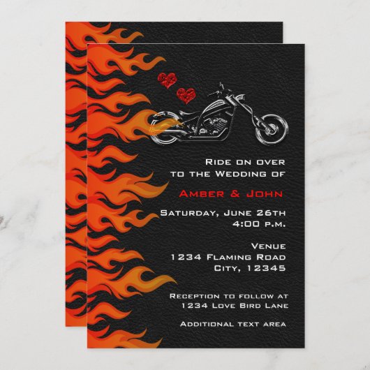 Motocyclette Moto Black Leather Flames Invitation (Devant / Derrière)
