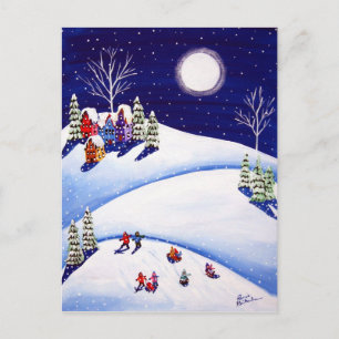 Motoneige Sous Lune Hiver Folk Art Cartes postales