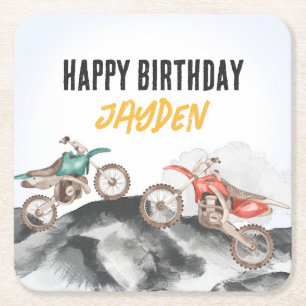 Motor Vuilfiets Fast Een 1e verjaardagsfeestje Vierkante Kartonnen Onderzetter