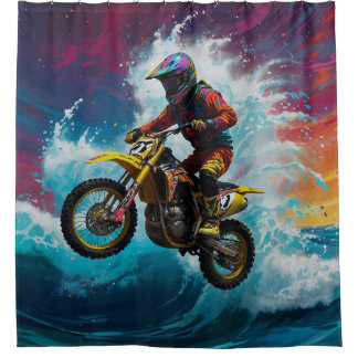 Motorcross Rider Racing the Waves Douchegordijn