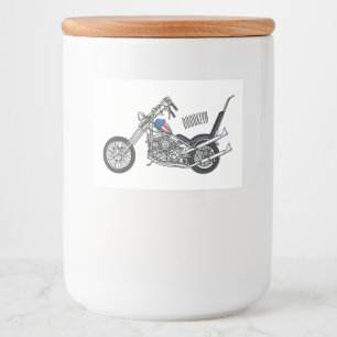 Motorfiets 1950 cartoon, afbeelding voedselcontainer etiket
