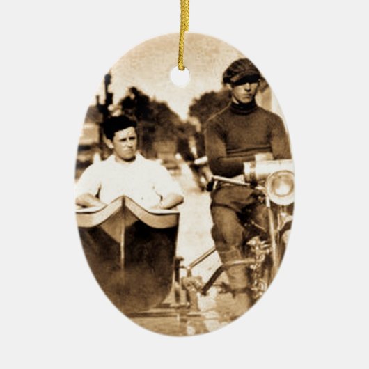 motorfiets en oude leerschool keramisch ornament (Voorkant)