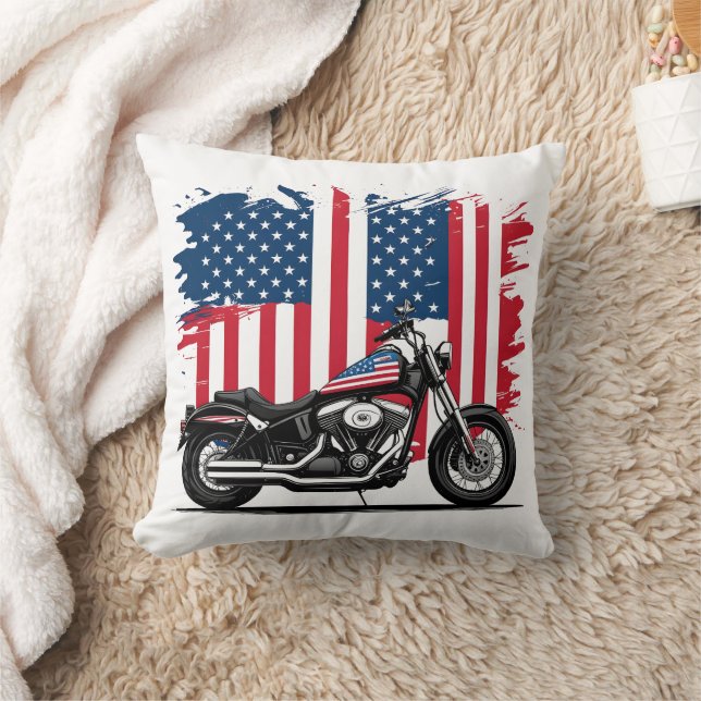 Motorfiets met Amerikaanse vlag achtergrond Kussen (Deken)