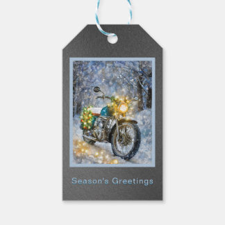 Motorfiets met kerstverlichting cadeaulabel