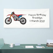 Motorfiets met rode vuilniswagen spandoek (Beurs)