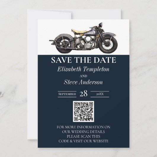  motorfiets Navy Modern Wedding Save The Date (Voorkant)