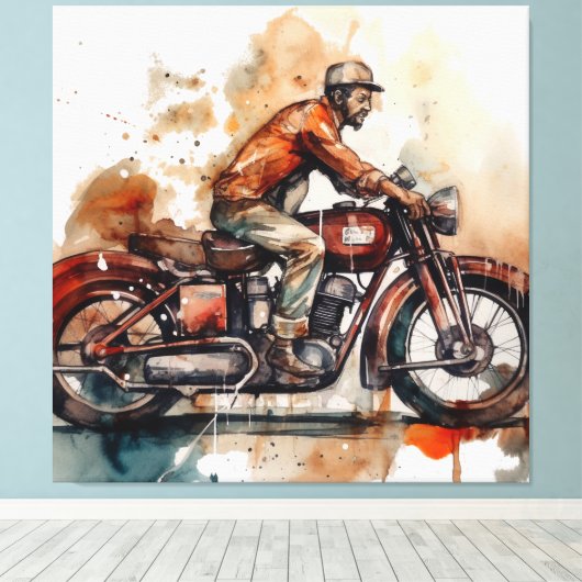 Motorfiets Waterverf Canvas Art Print (Insitu (Houten vloer))