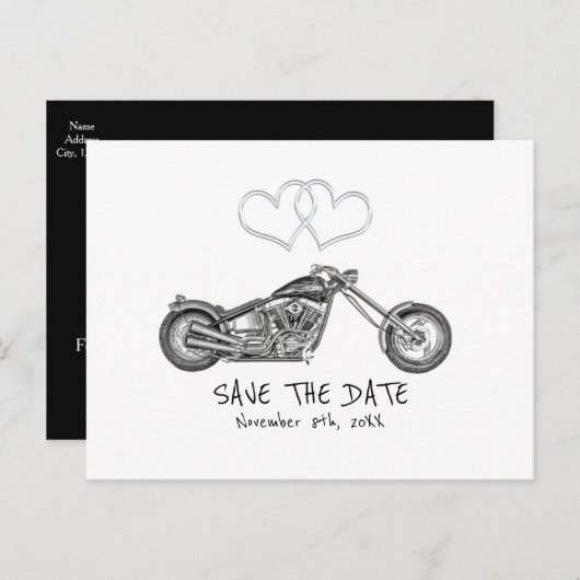 Motorfiets & Zilveren Hartjes Biker Save The Date Aankondigingskaart (Voorkant / Achterkant)
