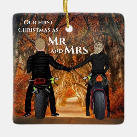 Motorfietsen herfst bosparen eerste kerstmis keramisch ornament (Voorkant)