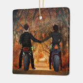 Motorfietsen herfst kerstparen keramisch ornament (Links)