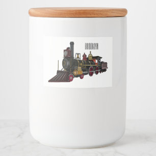 Motorlocomotief, afbeelding van cartoon voedselcontainer etiket