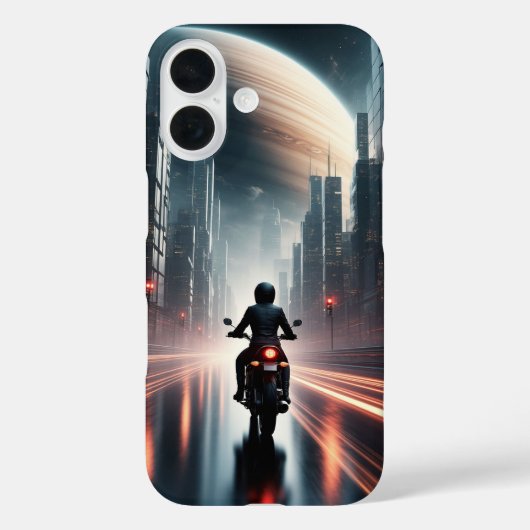 Motorrijder rijdt in futuristische stad met planee Case-Mate iPhone case (Achterkant)