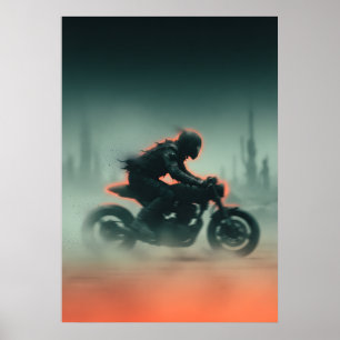 Motorrijder Teal Oranje Bewegingskunst Poster