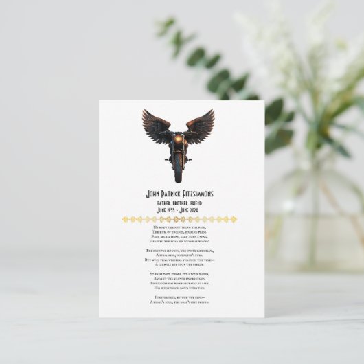 Motorrijders Herdenking Gedicht Briefkaart (Staand voorkant)