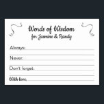 Mots de la sagesse Mariage Cartes de conseil Perso<br><div class="desc">Ces cartes de conseil personnalisées chères seront le complément parfait à votre réception de mariage ou douche de mariage/couple. Ce design combine des polices noires et des accents gris acier. La carte permet aux clients de laisser leur conseil sur des sujets tels que "Toujours" faire, "Ne jamais" faire et "N'oubliez...</div>
