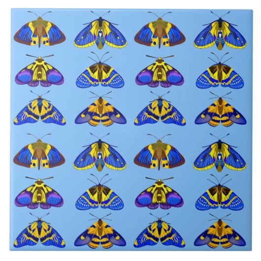 Motten in blauw, goudgeel en bruin tegeltje (Voorkant)