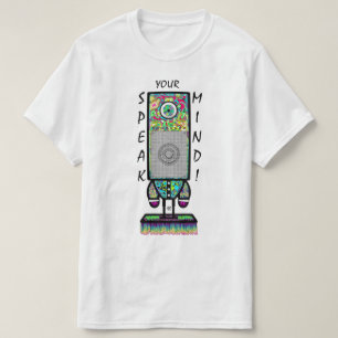 Motto 'Spreek je gedachten uit' (kleurige cycloop T-shirt