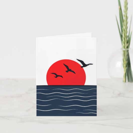 Mouettes sur carte avec soleil rouge dans l'océan (Devant)
