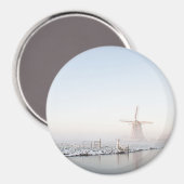 Moulin à vent dans la neige en hiver aimant rond (Recto/Verso)