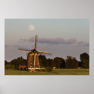 Moulin à vent sous une pleine lune affiche horizon