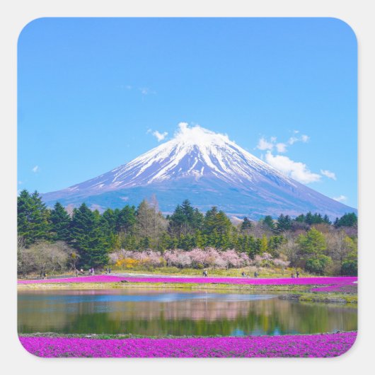 Mount Fuji Bomen en Bloemen Vierkante Sticker (Voorkant)