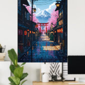 Mount Fuji Cherry Blossom Street Japanese Torii Poster (Thuiskantoor)