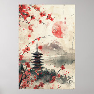 Mount Fuji en Pagode – Klassiek Japans Landschap Poster