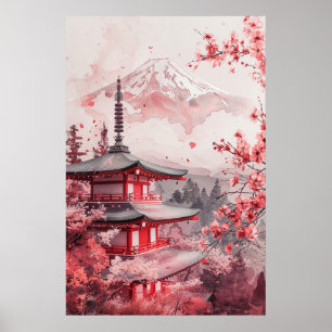Mount Fuji en Pagode – Klassiek Japans Landschap Poster