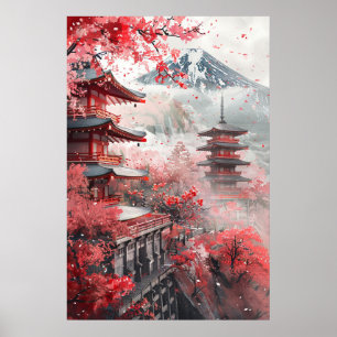 Mount Fuji en Pagode – Klassiek Japans Landschap Poster