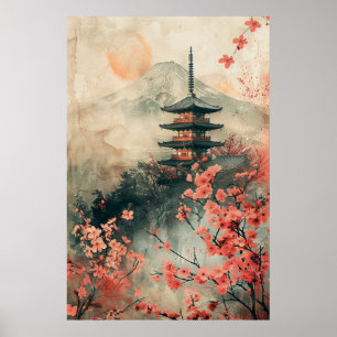 Mount Fuji en Pagode – Klassiek Japans Landschap Poster