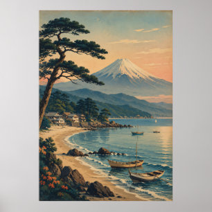 Mount Fuji Maanverlichte Strand Vintage Japans Lan Poster