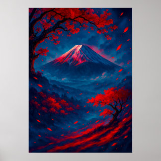 Mount Fuji met rode bloesems Fantasy Japans Poster